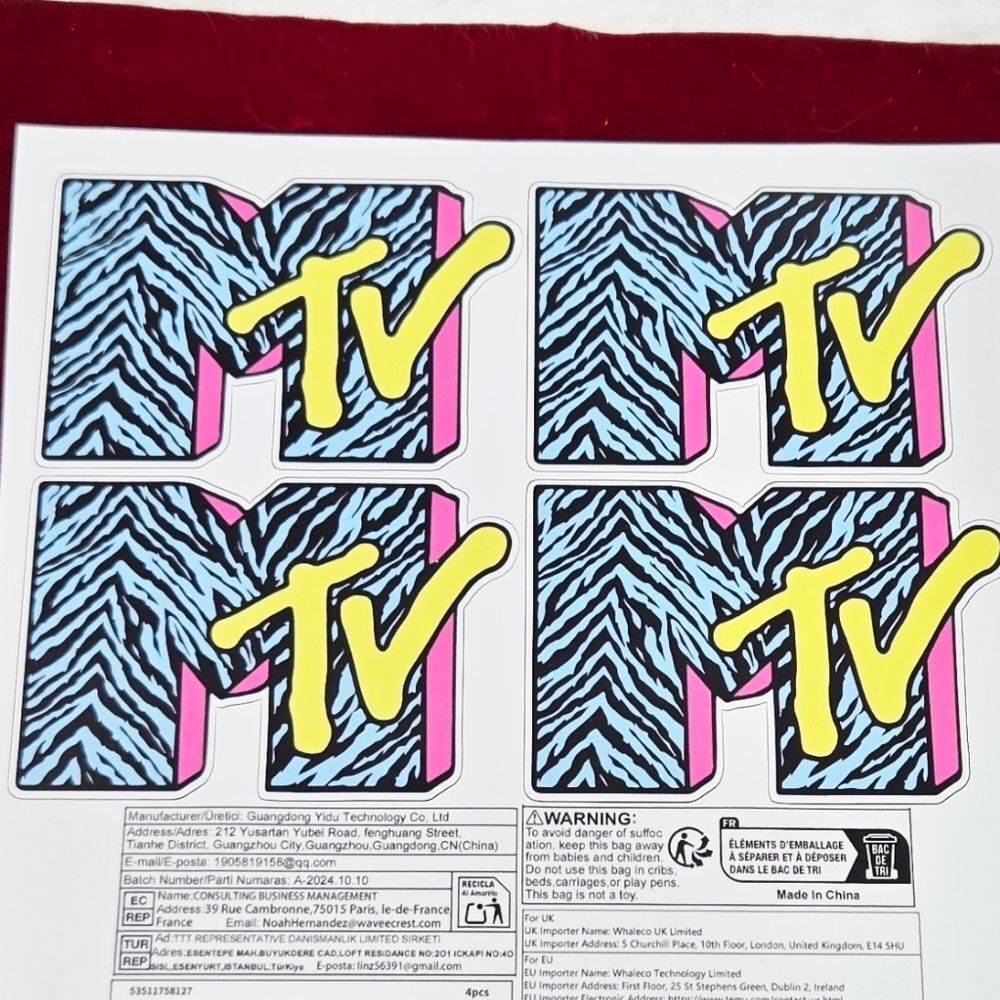 MTV Music Television ZEBRA Logo Vinyl Stickers Retro Y2K Waterproof Decals 4pc